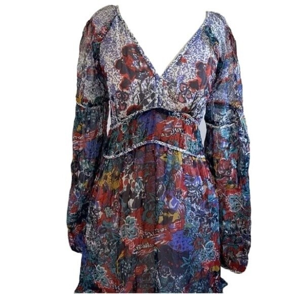 Anthropologie Maeve Annabella Tiered Boho Maxi Dress Puff Sleeve V-Neck Size 10 - Picture 6 of 16